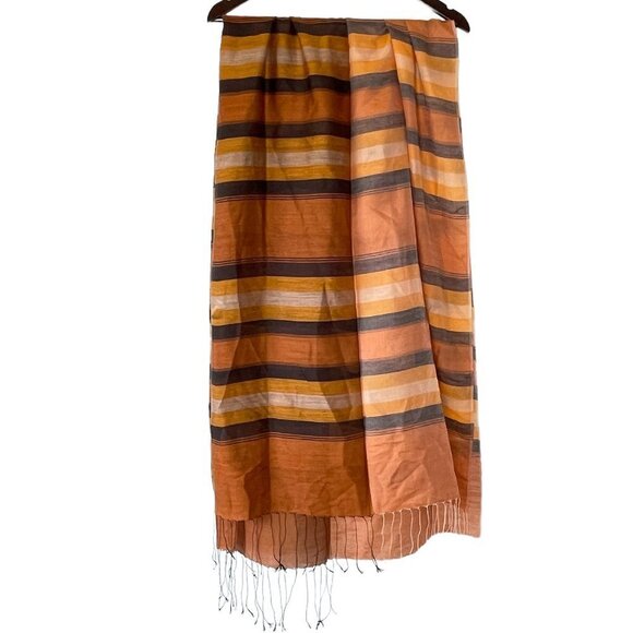 H & K Como Italy Silk Scarf Earth Tones Rust, Coral, Brown with Eyelash Fringe - Picture 2 of 5
